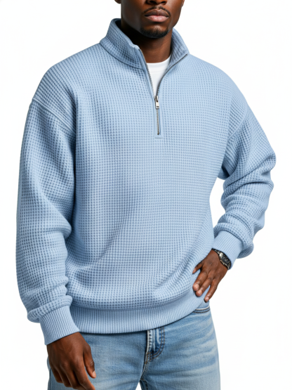 Men's Casual Daily Waffle-Knit Half-Zip Stand-Collar Loose-Fit Long Sleeve Polo Shirt