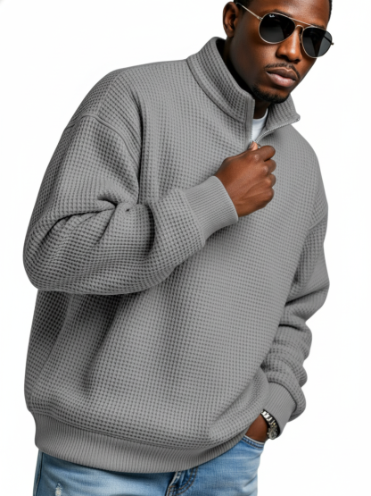 Men's Casual Daily Waffle-Knit Half-Zip Stand-Collar Loose-Fit Long Sleeve Polo Shirt