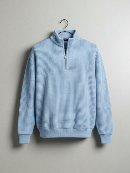 Men's Casual Daily Waffle-Knit Half-Zip Stand-Collar Loose-Fit Long Sleeve Polo Shirt