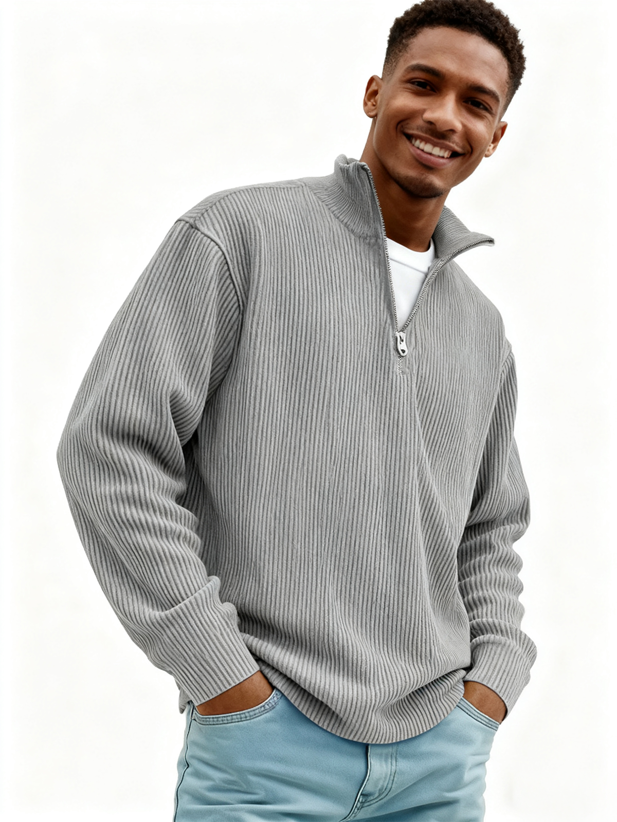 Men's Simple Casual Ribbed Stand Collar Zipper Long Sleeve T-shirt
