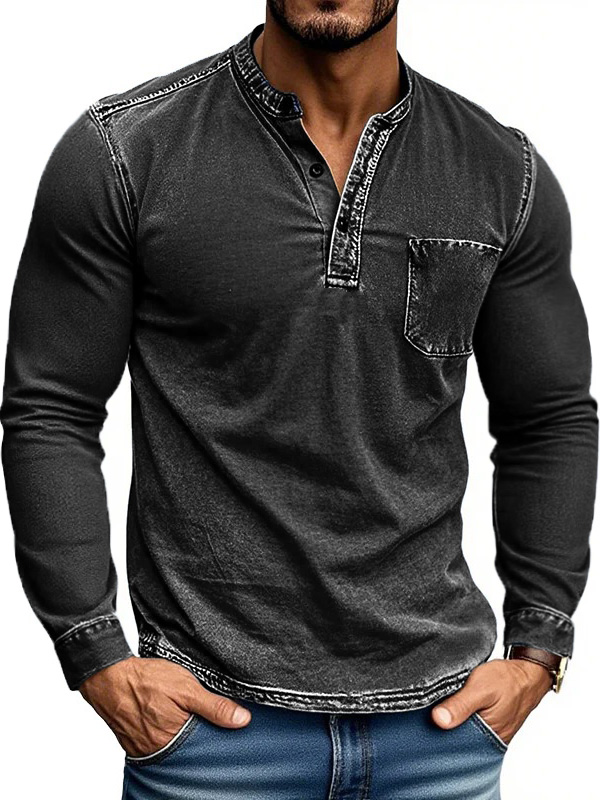 Men's Stylish Retro Outdoor Distressed Pocket Stand Collar Long-sleeved Henley Shirt 