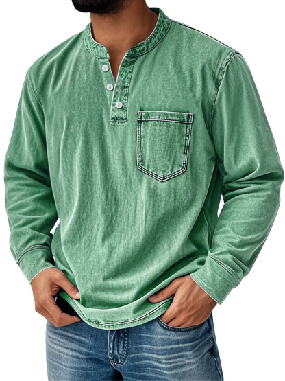 Men's Vintage Stand Collar Pocket Distressed Long Sleeve Henley Shirt