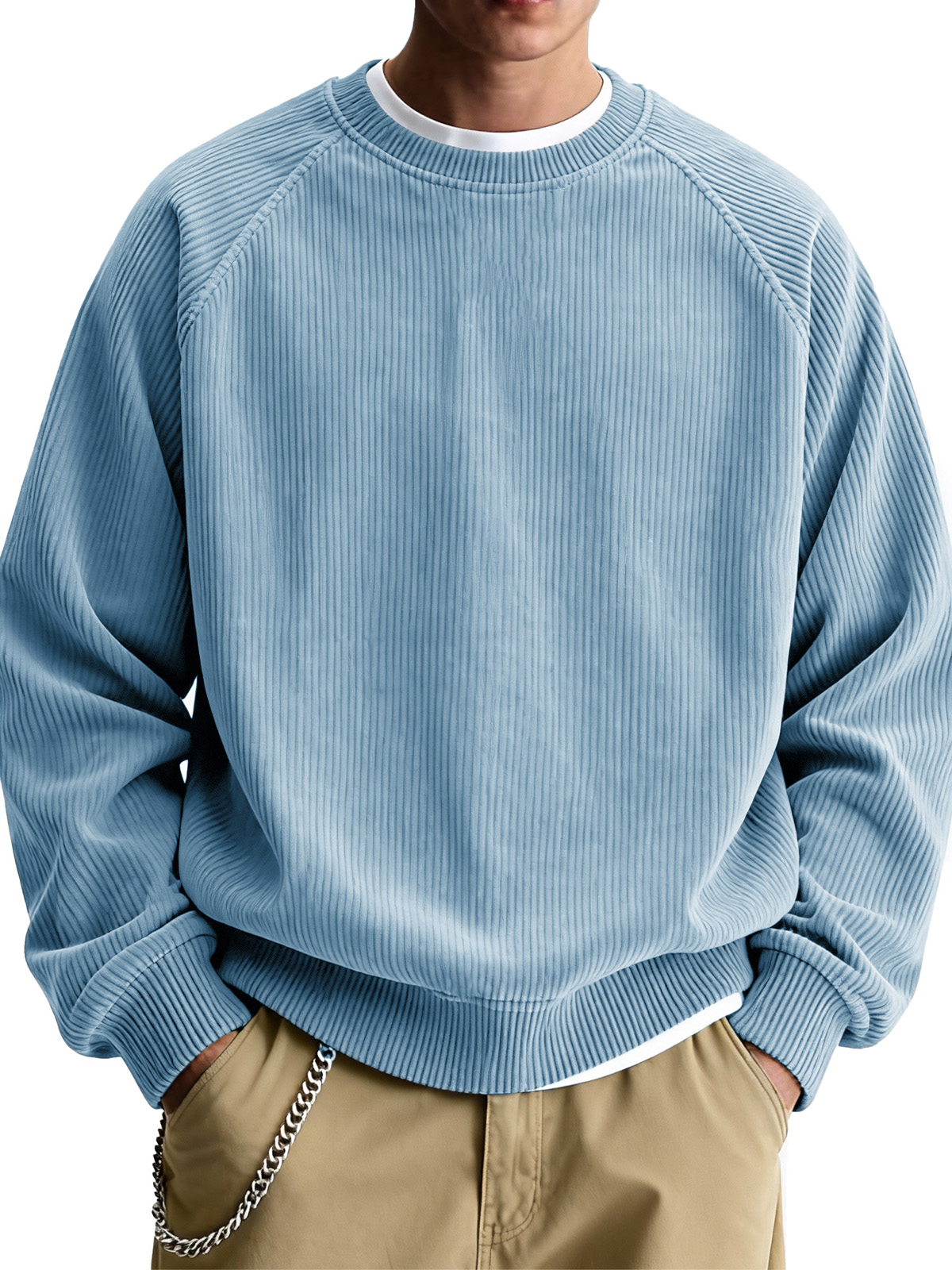 Men's Fashionable Casual Ribbed Fabric Raglan Neck Long-Sleeved Top