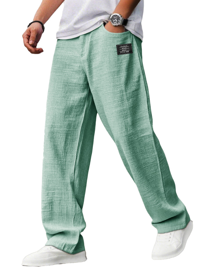 Men's Casual Hemp Trousers with Embroidered Logo, Drawstring Waist, and Pockets