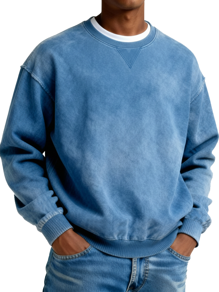 Men's Retro Distressed Crewneck Long-Sleeve Fleece Sweatshirt