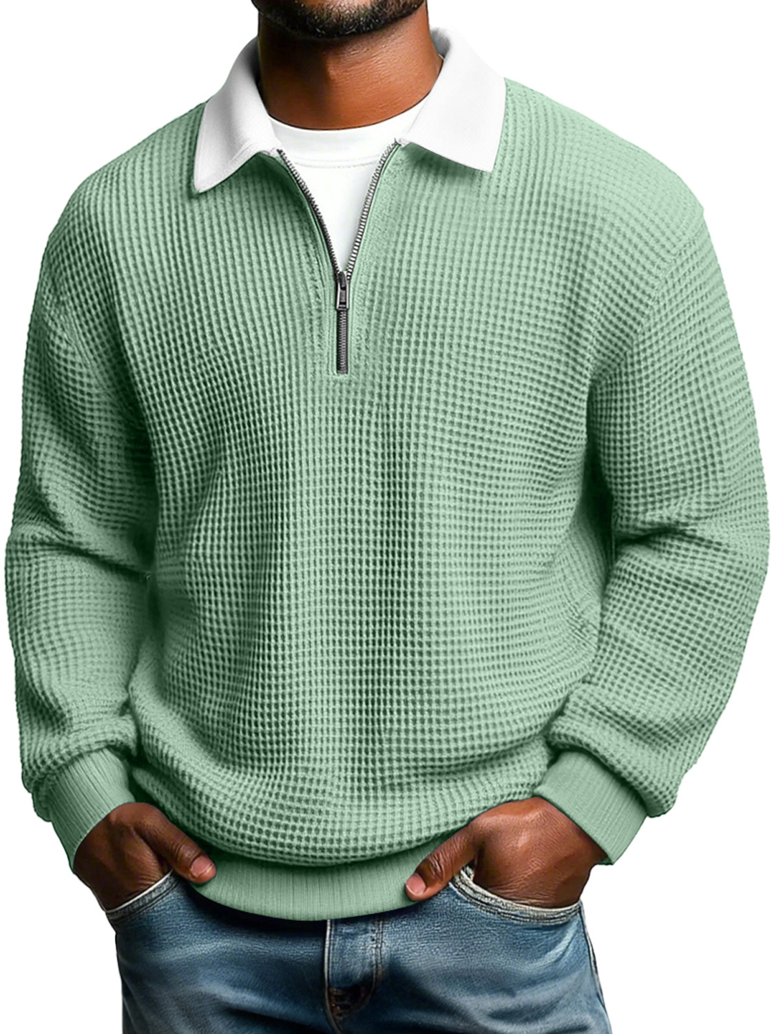 Men's Casual Loose-Fit Waffle-Knit Collared Zip-Up Long-Sleeve Polo Shirt