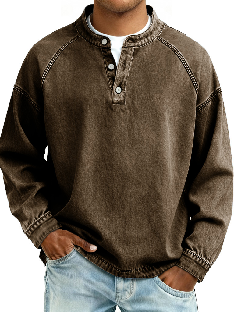 Men's Retro Fashion Distressed Raglan Sleeve Stand Collar Long-Sleeve 