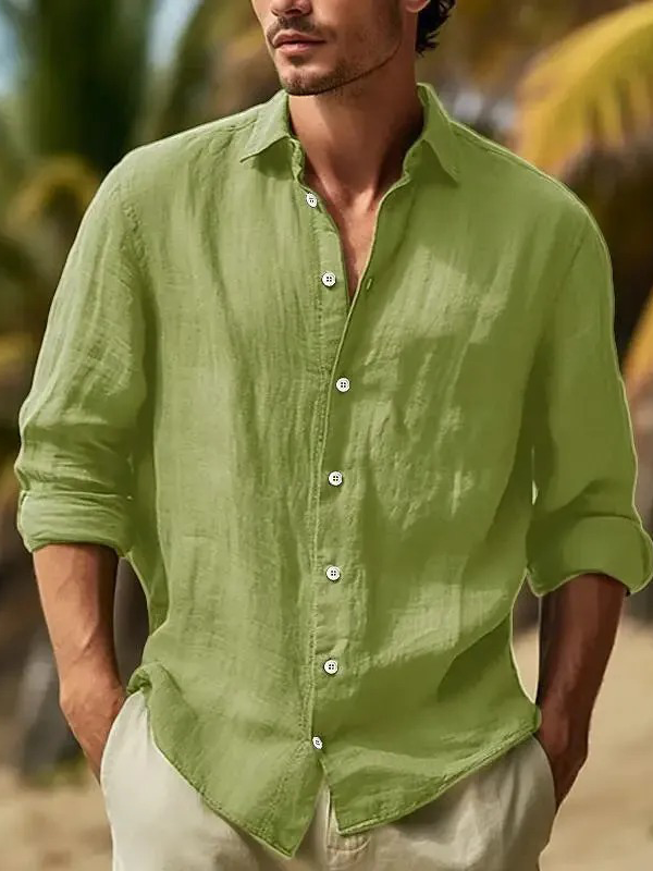 Men's Casual Linen Long Sleeve Button-Down Shirt