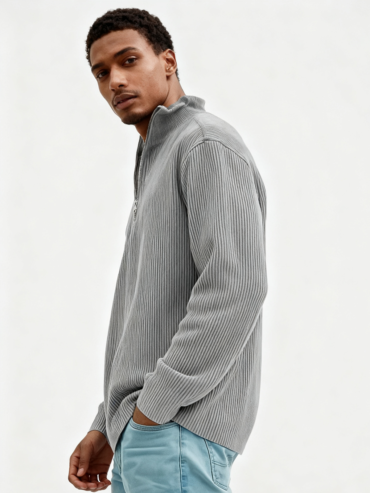 Men's Simple Casual Ribbed Stand Collar Zipper Long Sleeve T-shirt