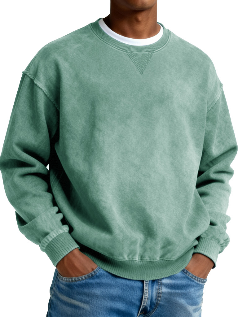 Men's Retro Distressed Crewneck Long-Sleeve Fleece Sweatshirt