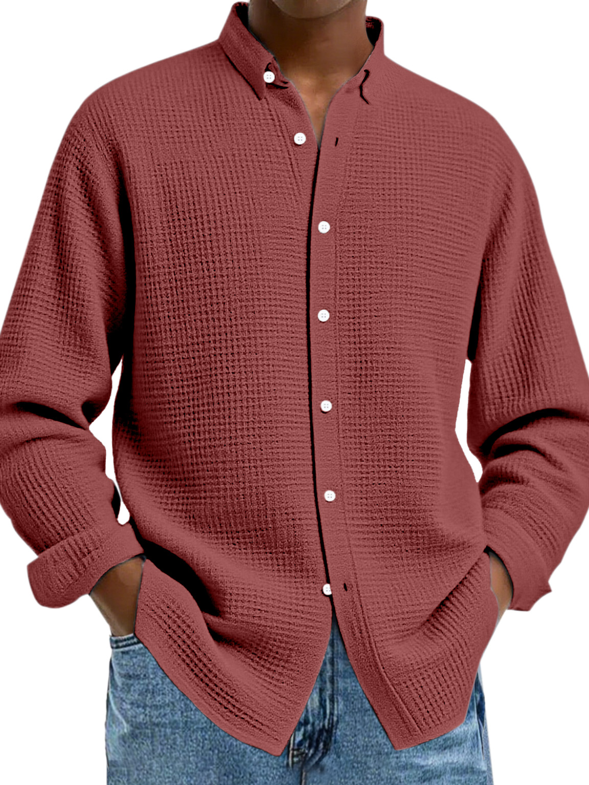 Men's Casual Solid Color Waffle Button Long Sleeve Shirt