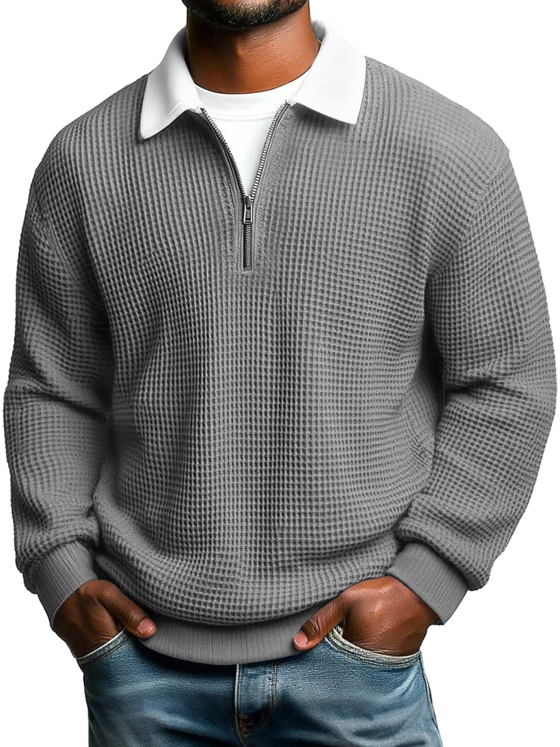 Men's Casual Loose-Fit Waffle-Knit Collared Zip-Up Long-Sleeve Polo Shirt