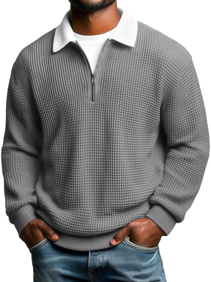 Men's Casual Loose-Fit Waffle-Knit Collared Zip-Up Long-Sleeve Polo Shirt