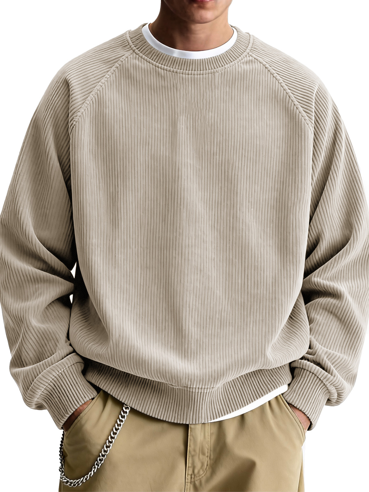 Men's Fashionable Casual Ribbed Fabric Raglan Neck Long-Sleeved Top