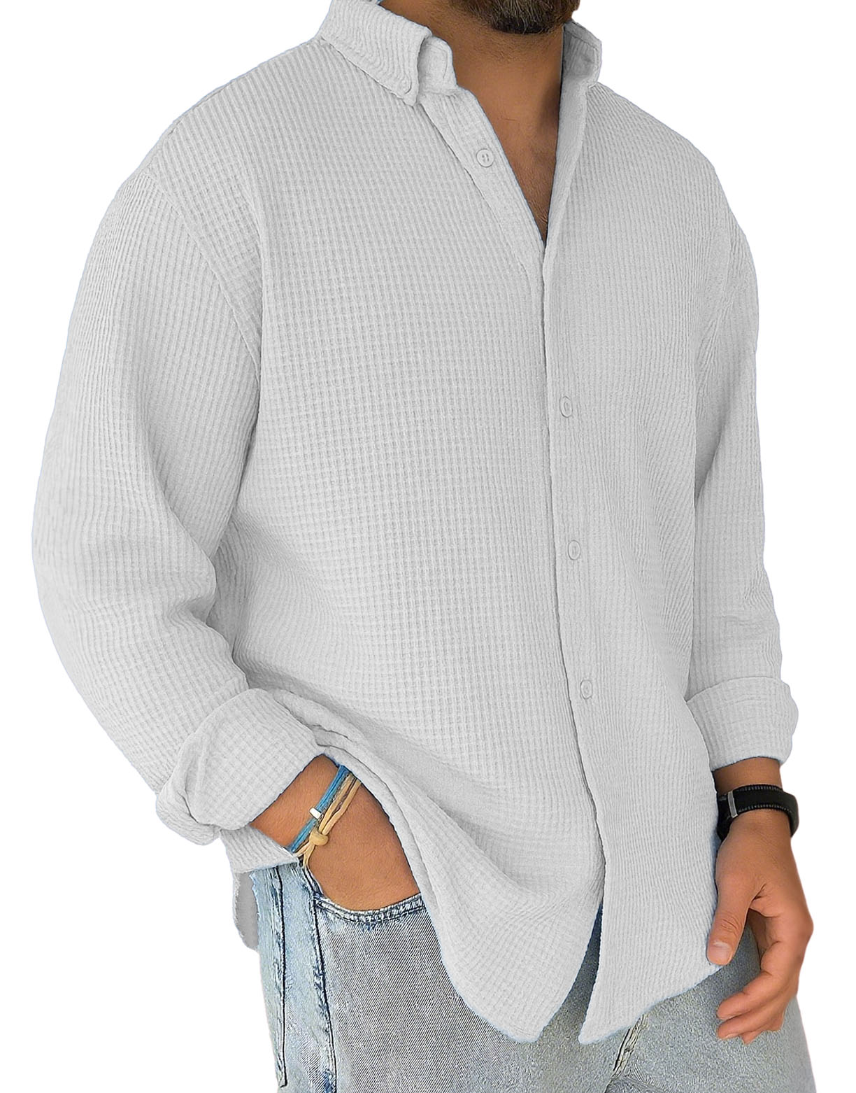 Men's Stylish Casual Everyday Waffle Long-sleeved Lapel Shirt 