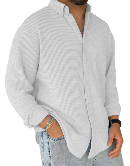 Men's Stylish Casual Everyday Waffle Long-sleeved Lapel Shirt 