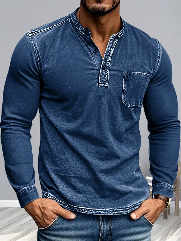 Men's Vintage Outdoor Distressed Pocket Stand Collar Long Sleeve Henley Shirt