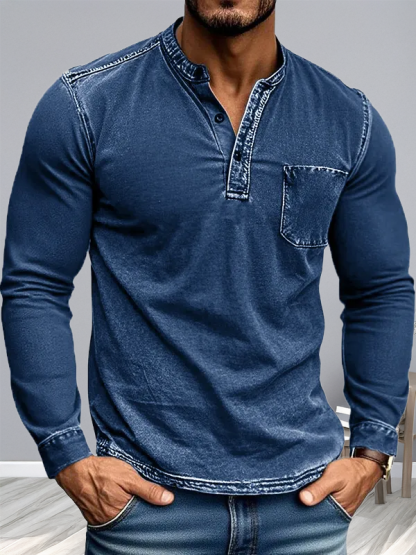 Men's Vintage Outdoor Distressed Pocket Stand Collar Long Sleeve Henley Shirt