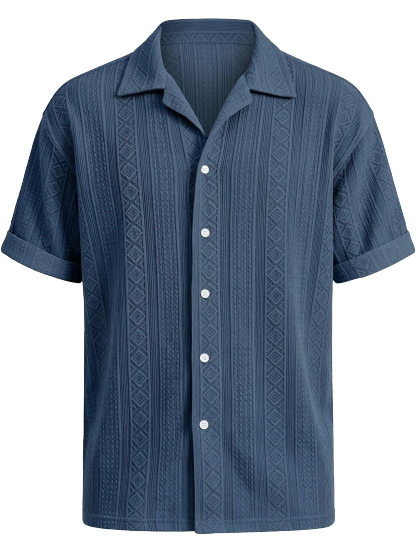 Men's Solid Color Casual Textured Lapel Short-Sleeve Shirt