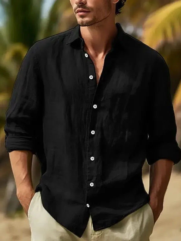 Men's Casual Linen Long Sleeve Button-Down Shirt
