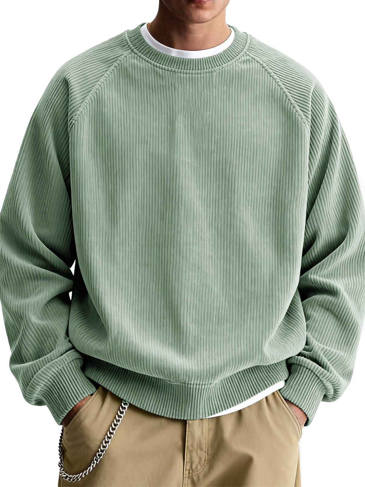 Men's Fashionable Casual Ribbed Fabric Raglan Neck Long-Sleeved Top