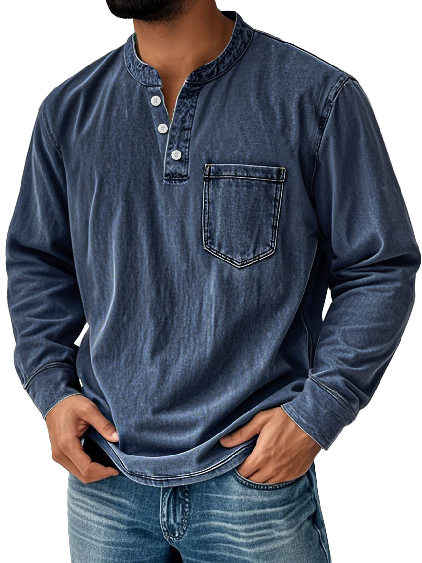 Men's Vintage Stand Collar Pocket Distressed Long Sleeve Henley Shirt