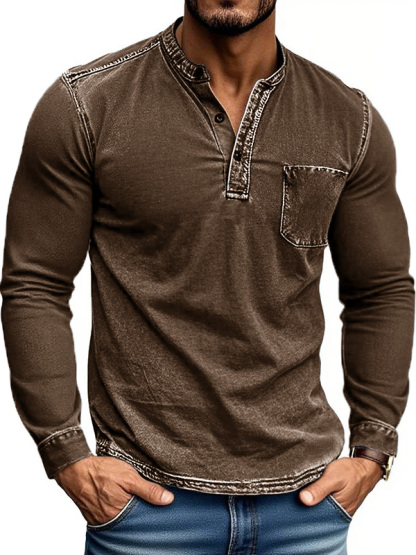 Men's Stylish Retro Outdoor Distressed Pocket Stand Collar Long-sleeved Henley Shirt 