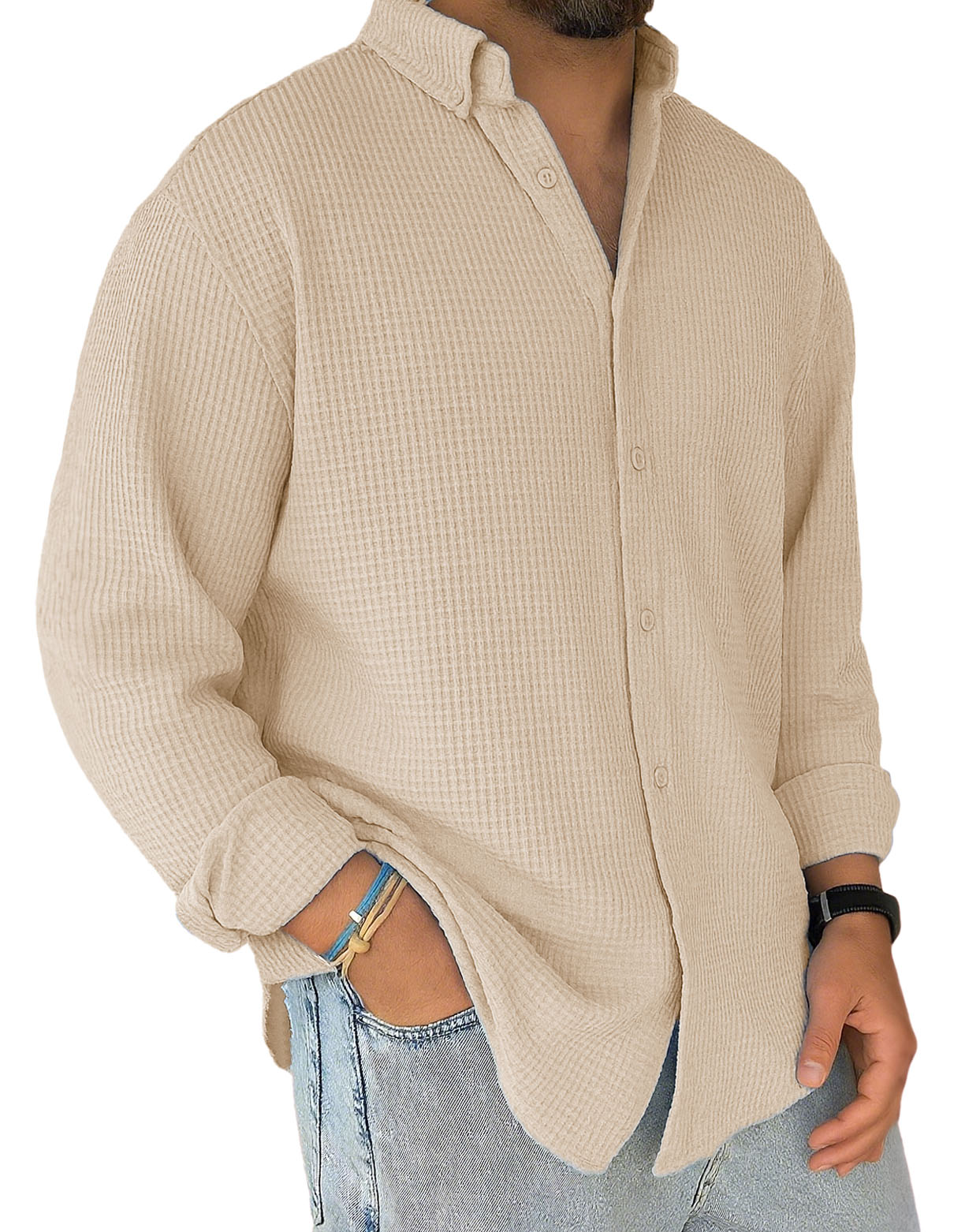 Men's Stylish Casual Everyday Waffle Long-sleeved Lapel Shirt 