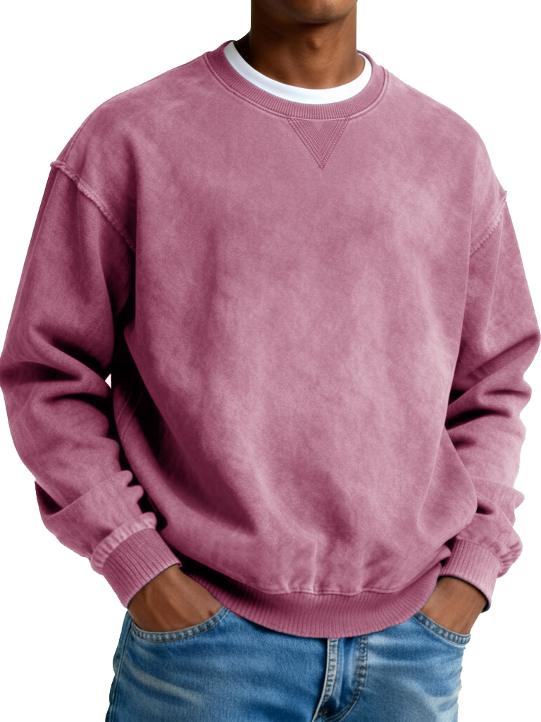Men's Retro Distressed Crewneck Long-Sleeve Fleece Sweatshirt