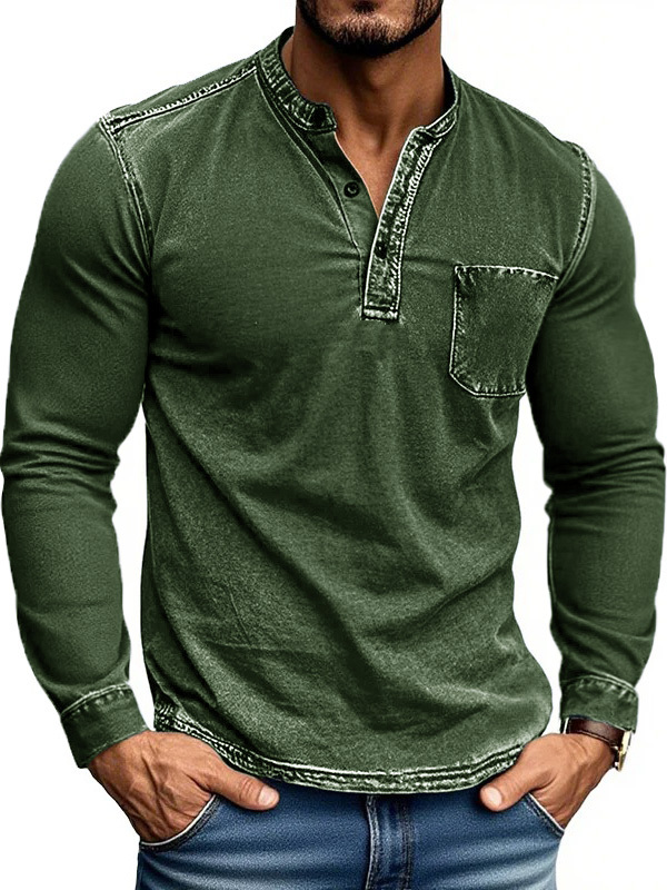 Men's Stylish Retro Outdoor Distressed Pocket Stand Collar Long-sleeved Henley Shirt 