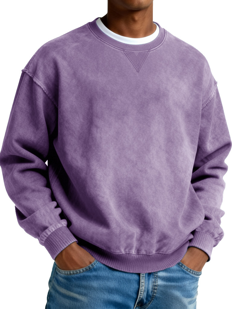 Men's Retro Distressed Crewneck Long-Sleeve Fleece Sweatshirt