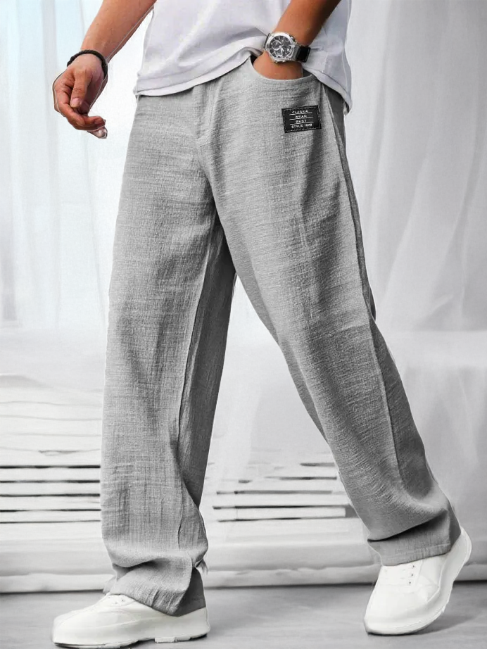 Men's Casual Hemp Trousers with Embroidered Logo, Drawstring Waist, and Pockets