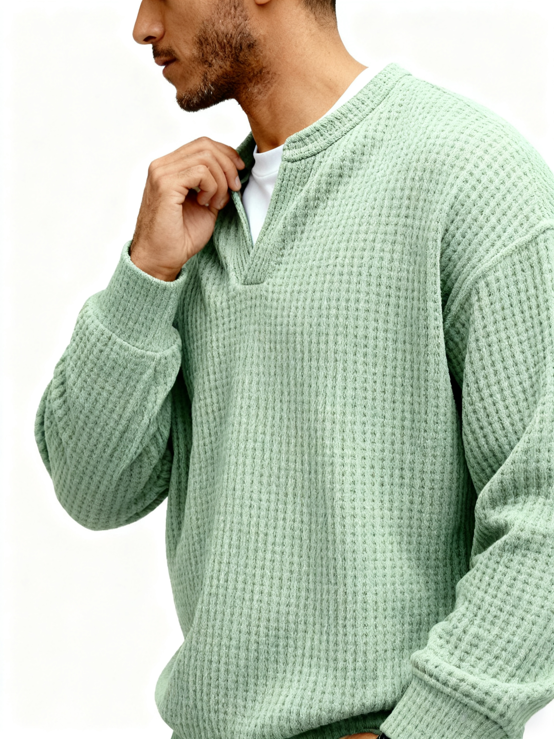 Men's Casual Waffle-Knit V-Neck Fake Two-Piece Long-Sleeve T-Shirt