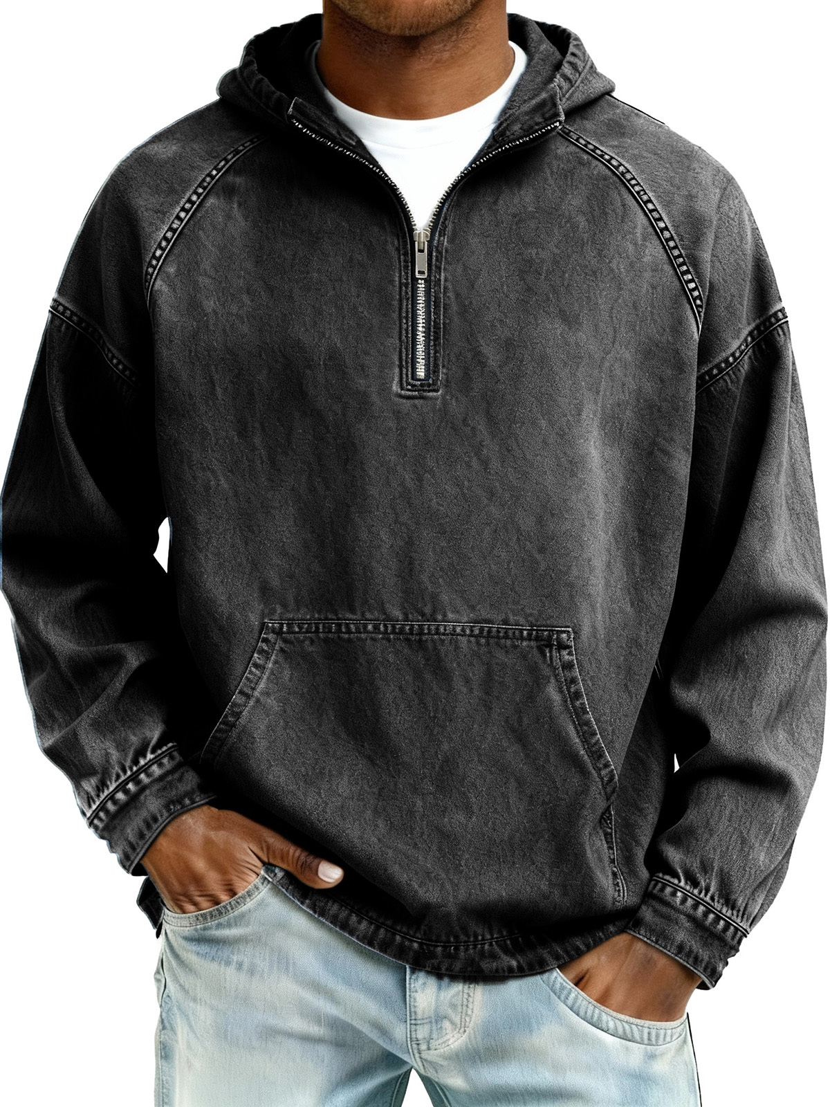 Men's Retro Distressed Raglan-Sleeve Hooded Sweatshirt with Pockets