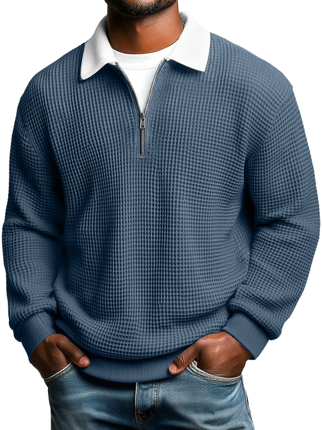 Men's Casual Loose-Fit Waffle-Knit Collared Zip-Up Long-Sleeve Polo Shirt