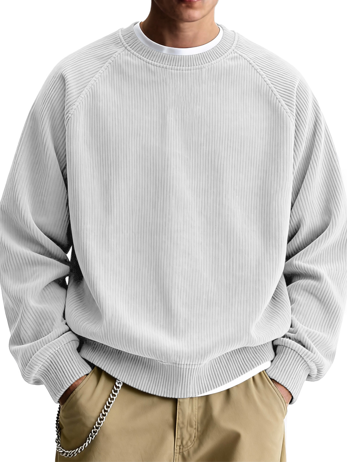 Men's Fashionable Casual Ribbed Fabric Raglan Neck Long-Sleeved Top