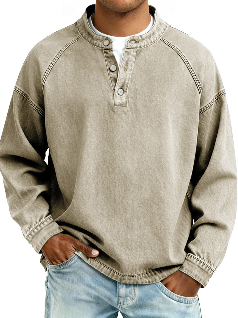 Men's Retro Fashion Distressed Raglan Sleeve Stand Collar Long-Sleeve 