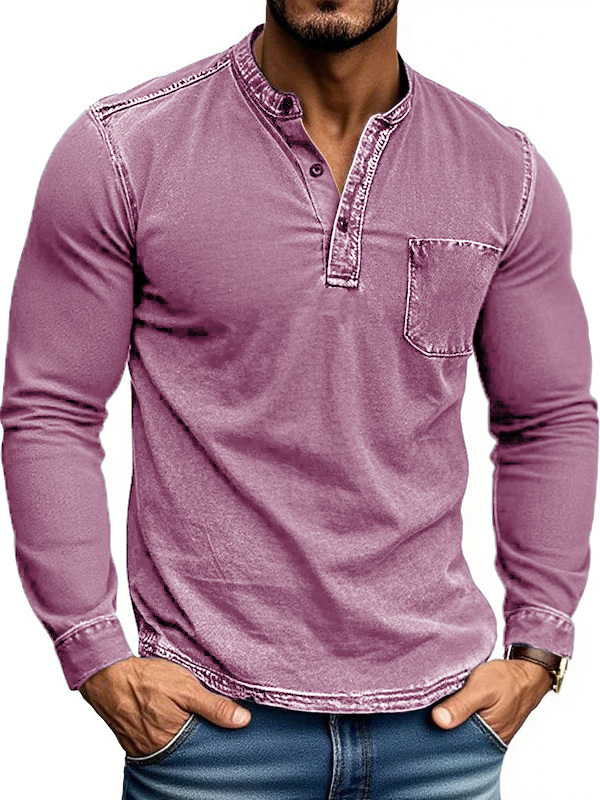 Men's Stylish Retro Outdoor Distressed Pocket Stand Collar Long-sleeved Henley Shirt 