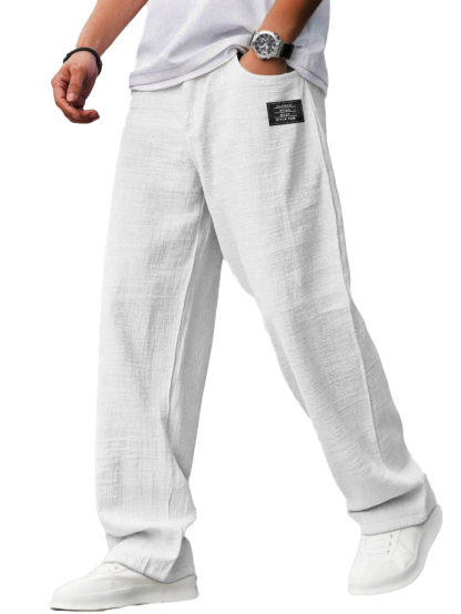 Men's Casual Hemp Trousers with Embroidered Logo, Drawstring Waist, and Pockets