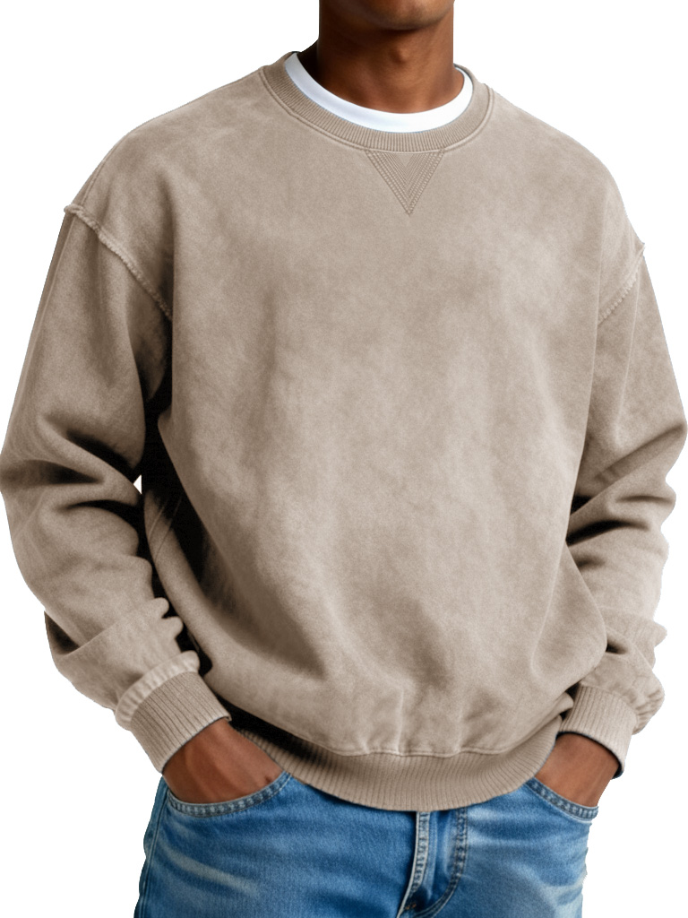 Men's Retro Distressed Crewneck Long-Sleeve Fleece Sweatshirt