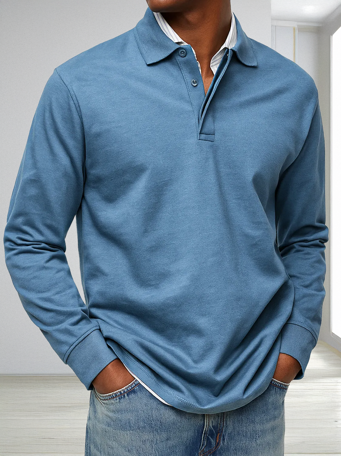 Men's Casual Solid Color Long Sleeve Polo Shirt with Lapel