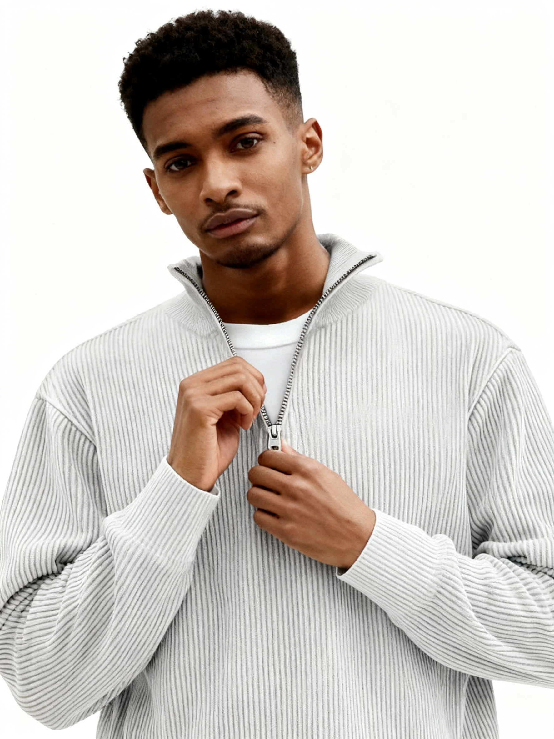 Men's Simple Casual Ribbed Stand Collar Zipper Long Sleeve T-shirt