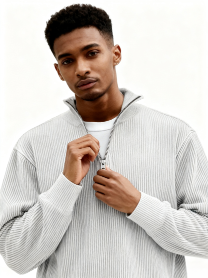 Men's Simple Casual Ribbed Stand Collar Zipper Long Sleeve T-shirt
