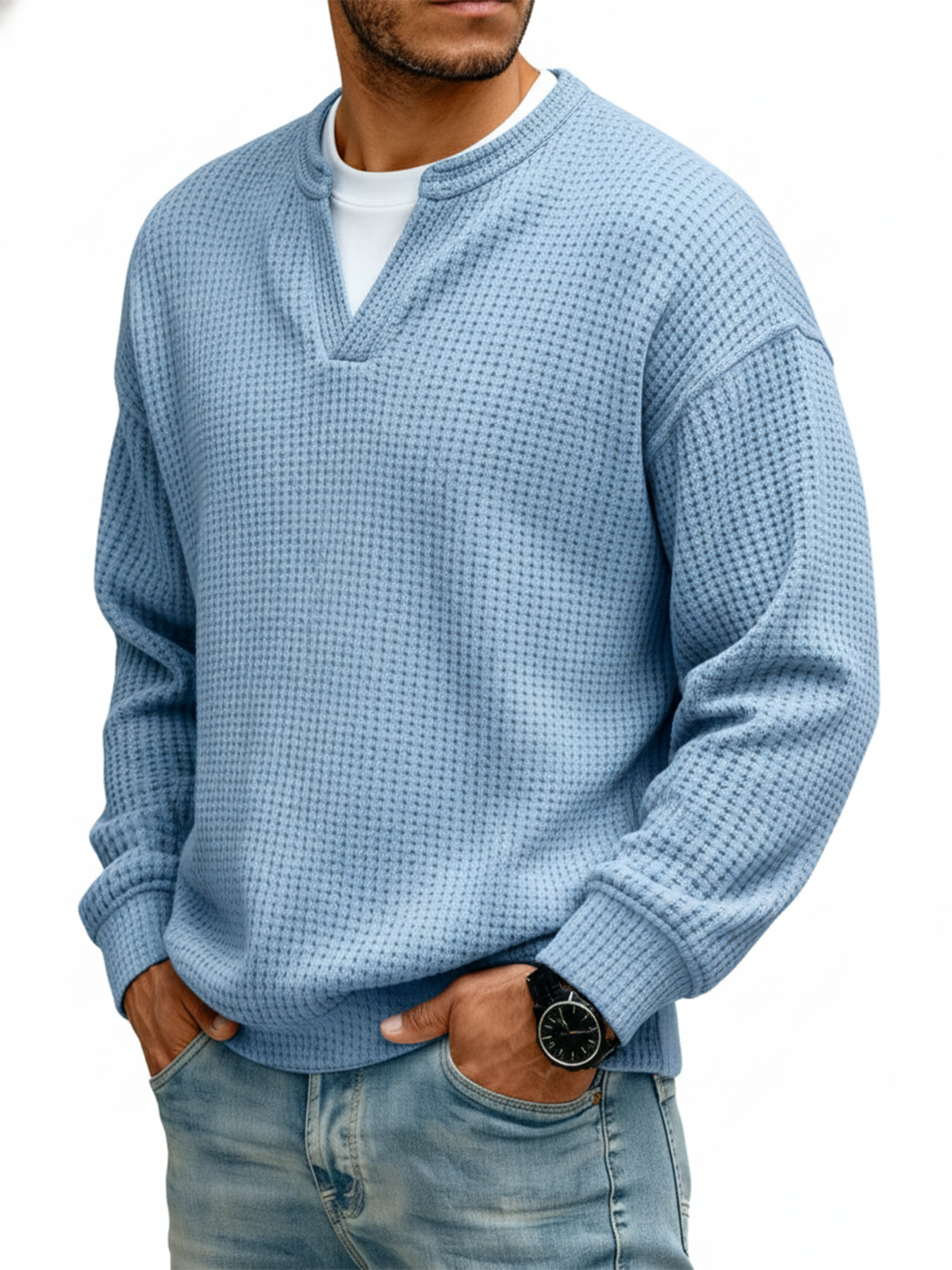 Men's Casual Waffle-Knit V-Neck Fake Two-Piece Long-Sleeve T-Shirt