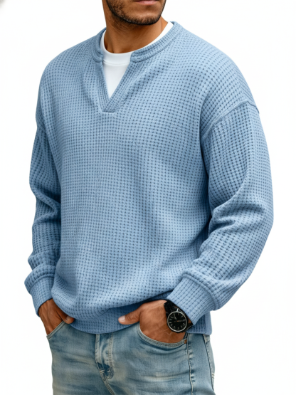 Men's Casual Waffle-Knit V-Neck Fake Two-Piece Long-Sleeve T-Shirt