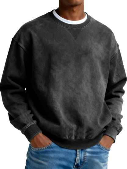 Men's Retro Distressed Crewneck Long-Sleeve Fleece Sweatshirt