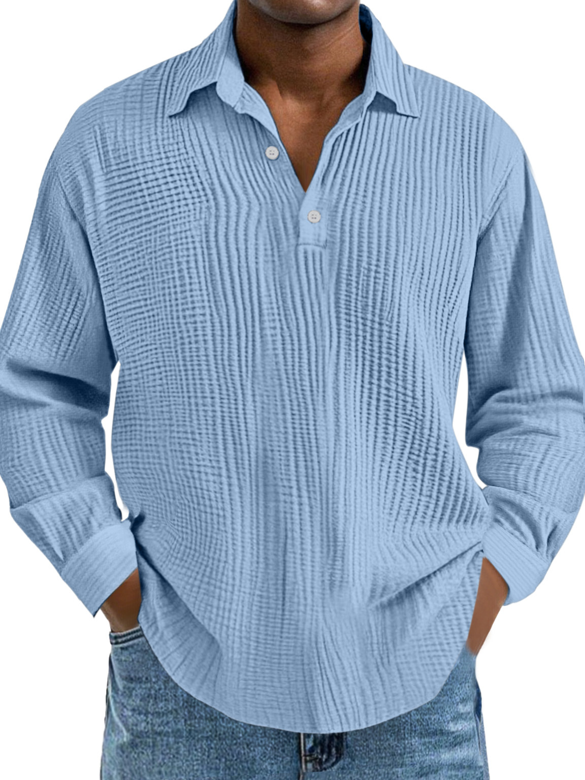 Men's Casual Daily Solid Color Pleated Texture Long-sleeved Lapel Polo