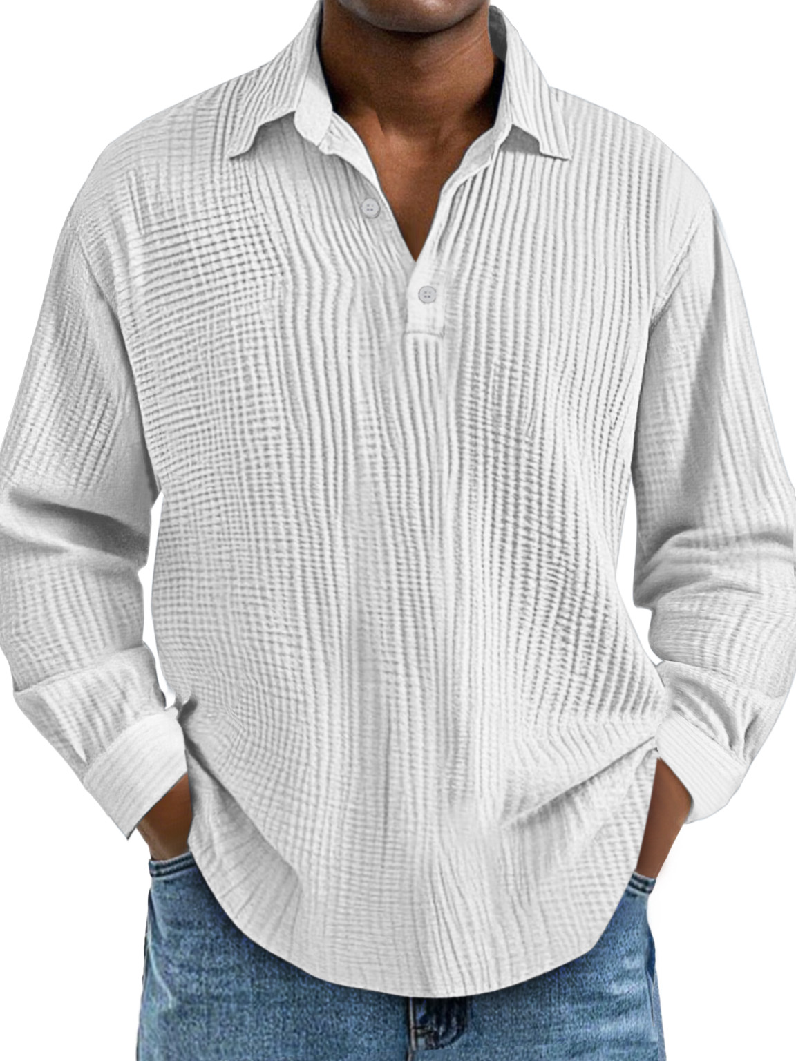 Men's Casual Daily Solid Color Pleated Texture Long-sleeved Lapel Polo