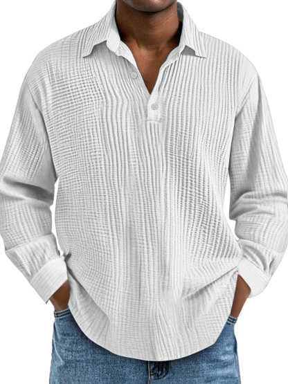 Men's Casual Daily Solid Color Pleated Texture Long-sleeved Lapel Polo Shirt