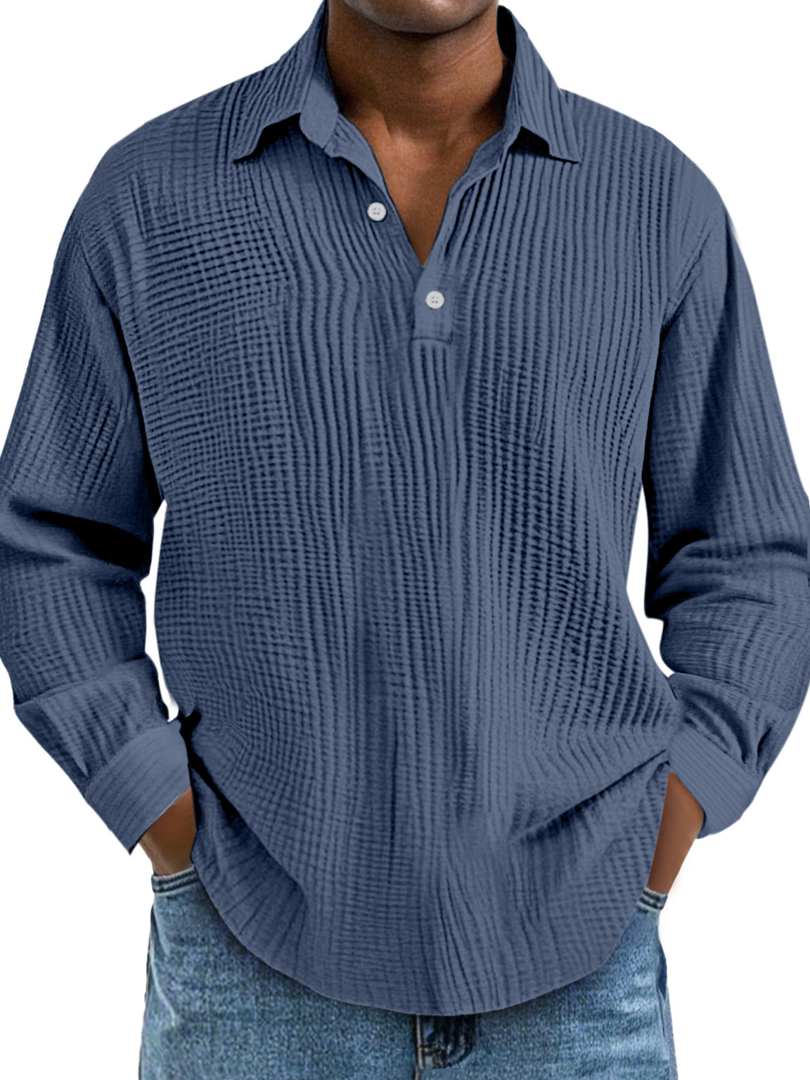 Men's Casual Daily Solid Color Pleated Texture Long-sleeved Lapel Polo Shirt